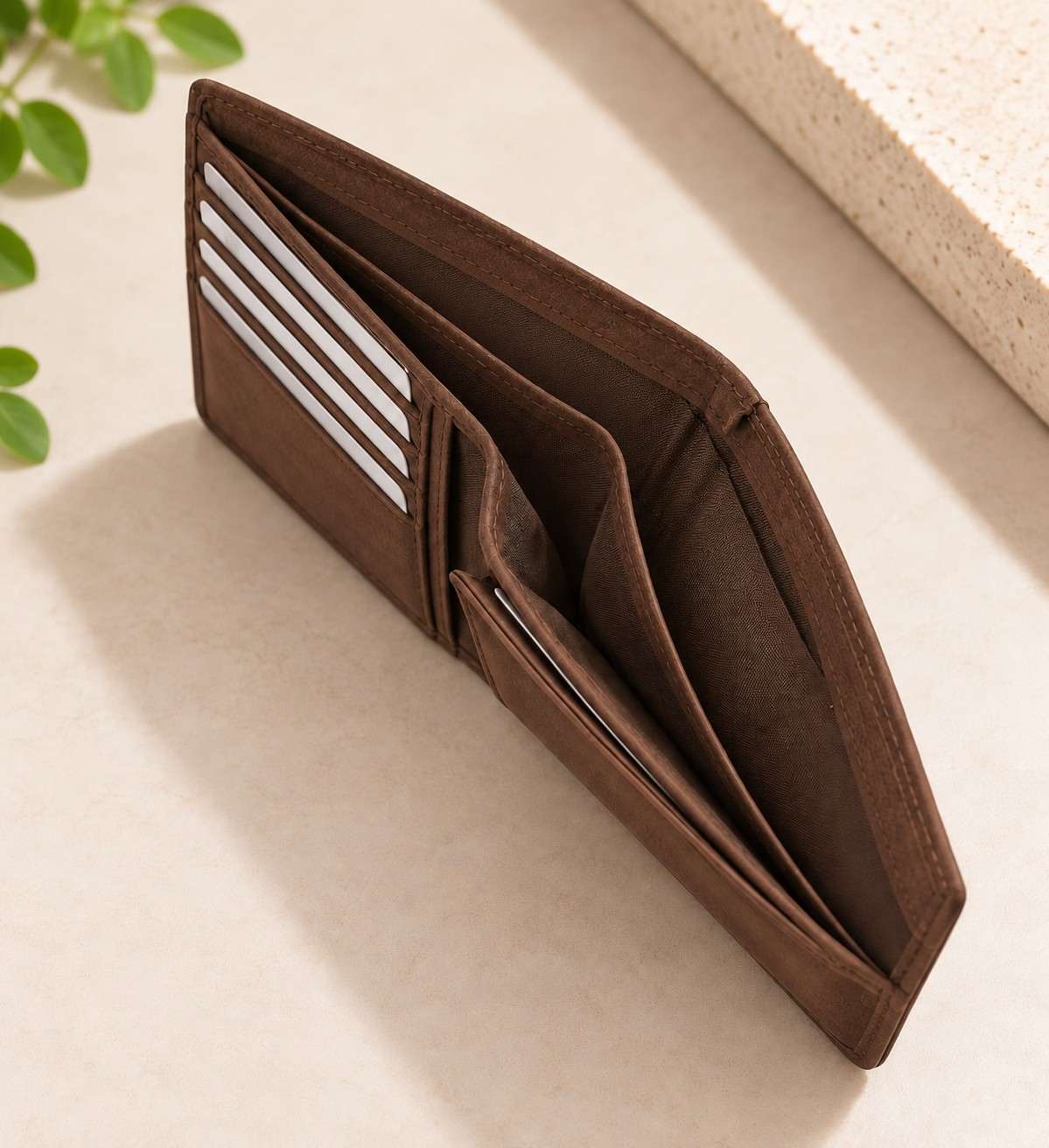 Side angle of the chocolate brown wallet showing its stacked slots and slim profile