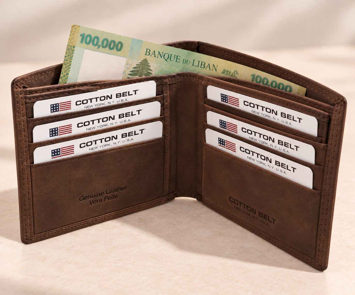 Open brown leather bifold wallet with rows of cards and banknotes in the note pocket