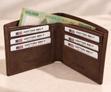 Open brown leather bifold wallet with rows of cards and banknotes in the note pocket