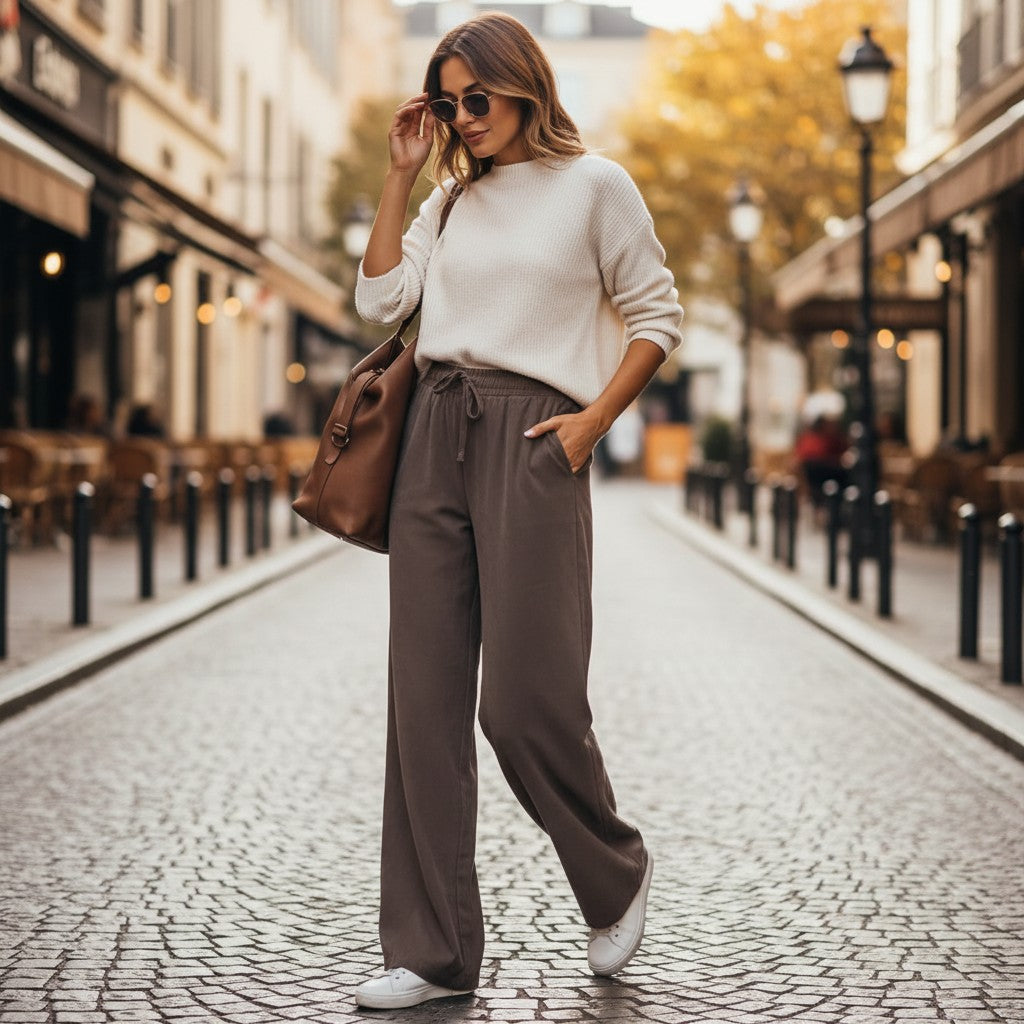 Woman walking on a street wearing a white sweater and brown pants.