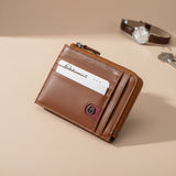 Brown leather wallet with card slot on a beige background