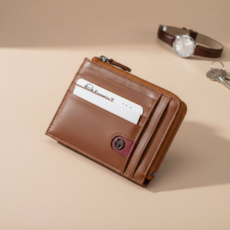 Brown leather wallet with card slot on a beige background