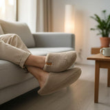 Person wearing beige slippers in a cozy living room