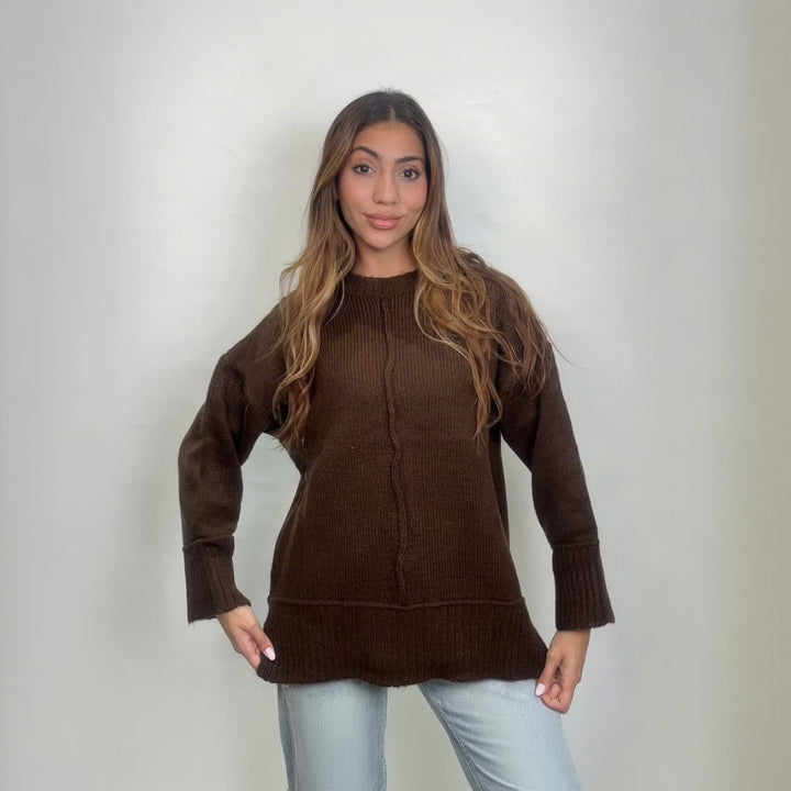 Chocolate brown slouchy wool sweater with a front seam and split ribbed hem
