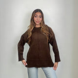 Chocolate brown slouchy wool sweater with a front seam and split ribbed hem