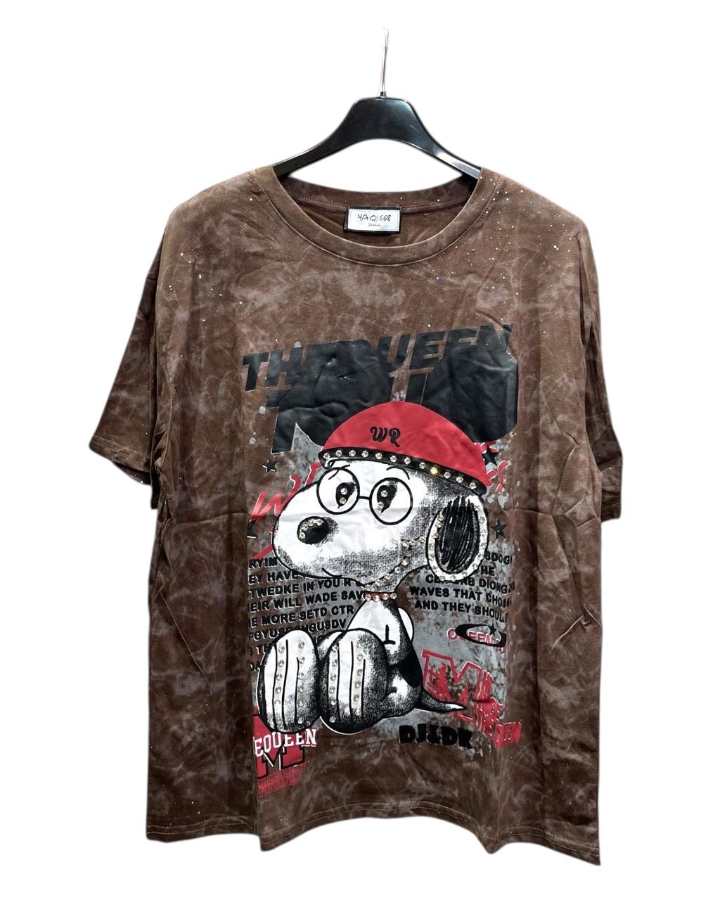 Brown tshirt with graphic design of snoopy wearing a red cap on a hanger