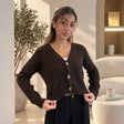 Dark brown pointelle knit cardigan with a V neck and three tortoiseshell buttons, cropped fit