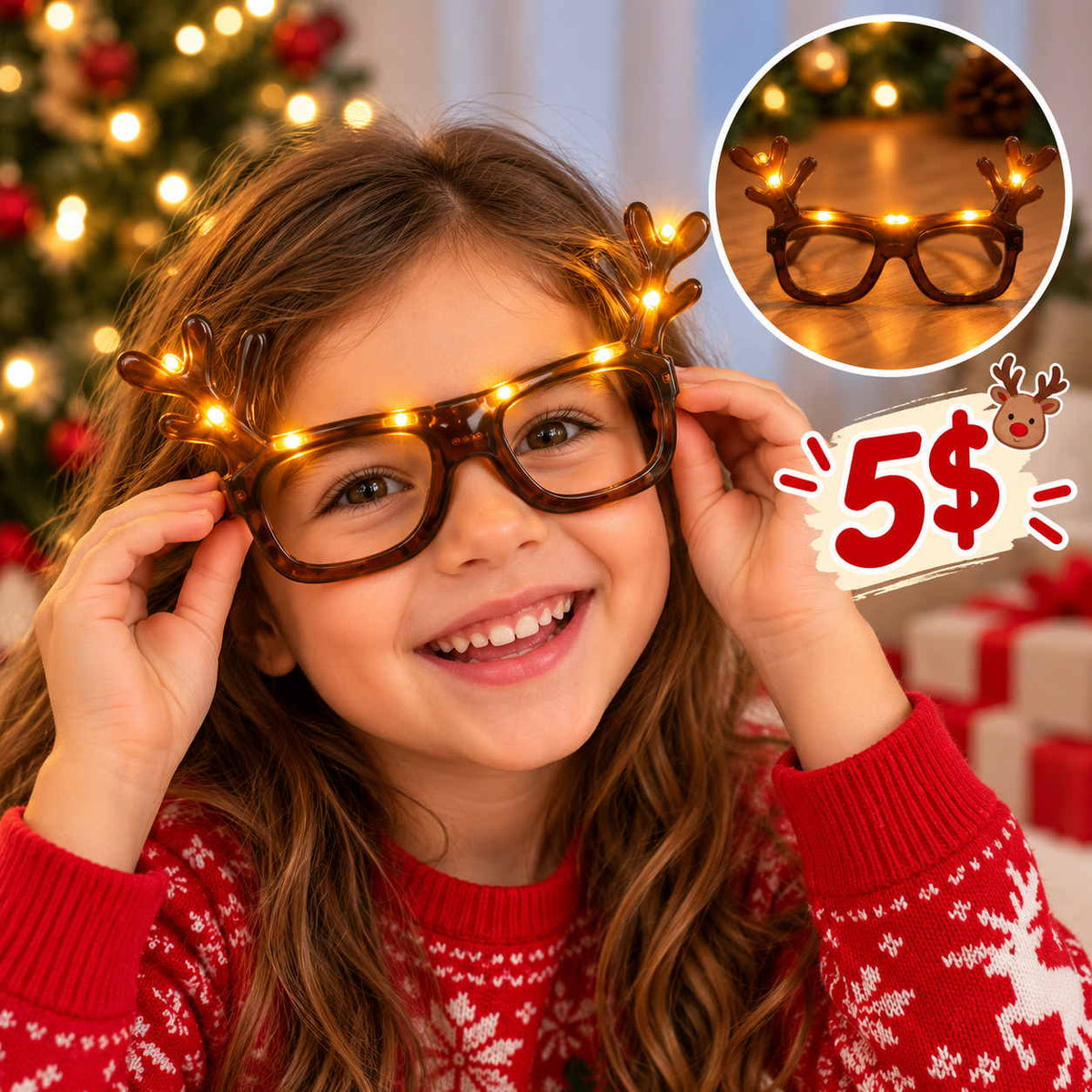 Smiling girl holding brown reindeer antler glasses with warm glowing lights in front of a Christmas tree