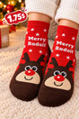Red Christmas socks with Merry Radolf lettering and a brown reindeer face with a red nose on the foot