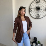 Brown blazer with softly gathered three quarter sleeves and a rolled shawl collar