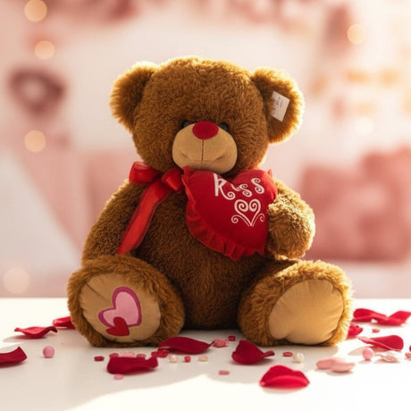 Honey brown shaggy bear with a red nose and satin bow hugging a frilled red heart