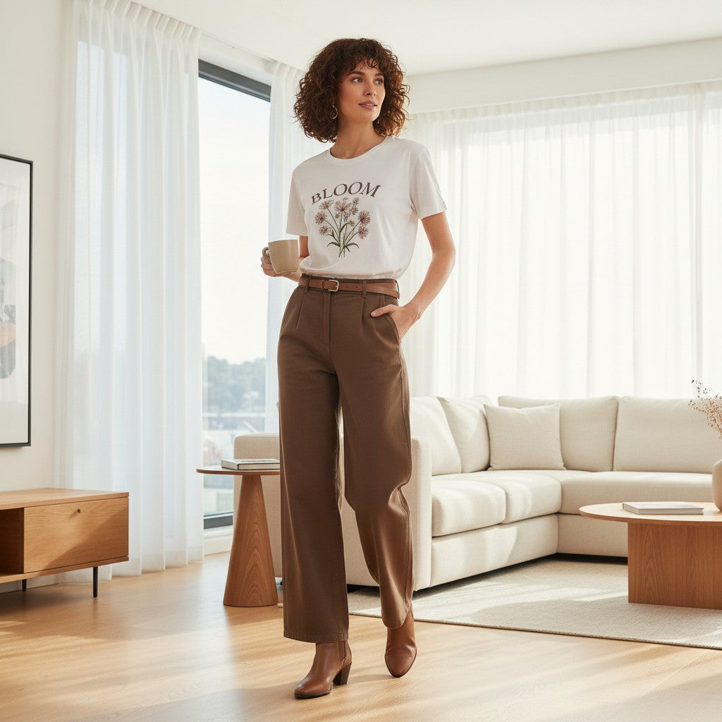 Woman standing in a modern living room wearing a "BLOOM" tshirt and brown pants