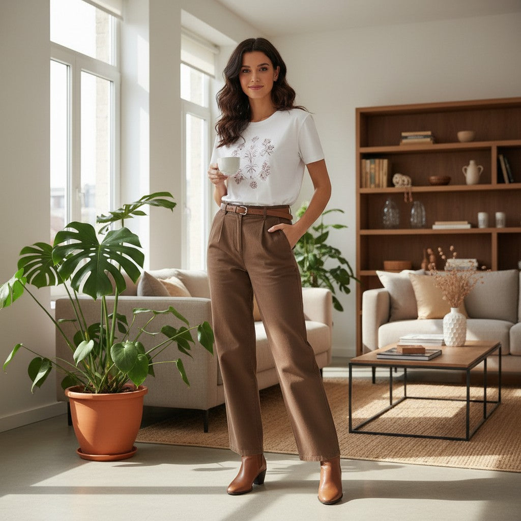 Woman wearing brown wide pants and white top standing in a modern living room holding a cup