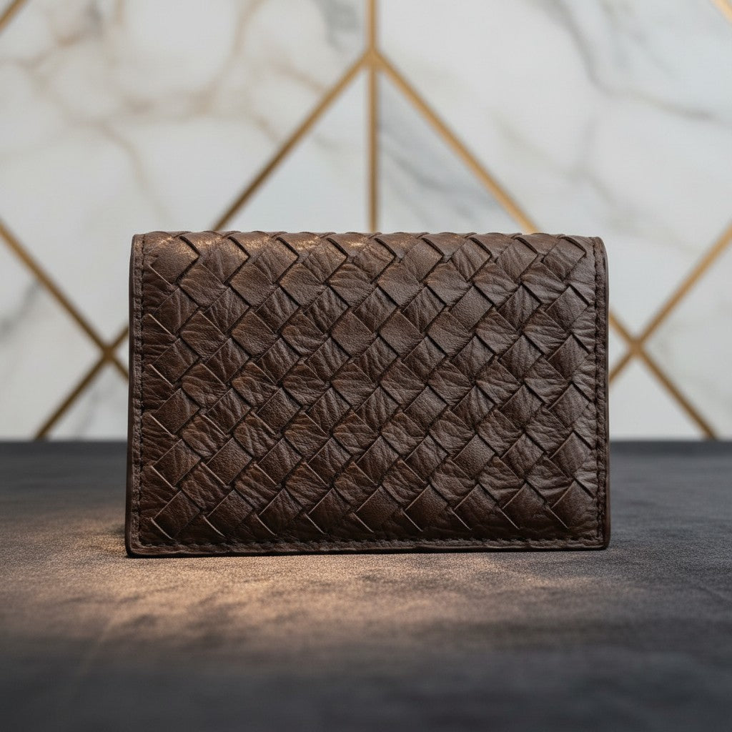 Brown woven leather wallet on a dark surface with a geometric patterned wall in the background