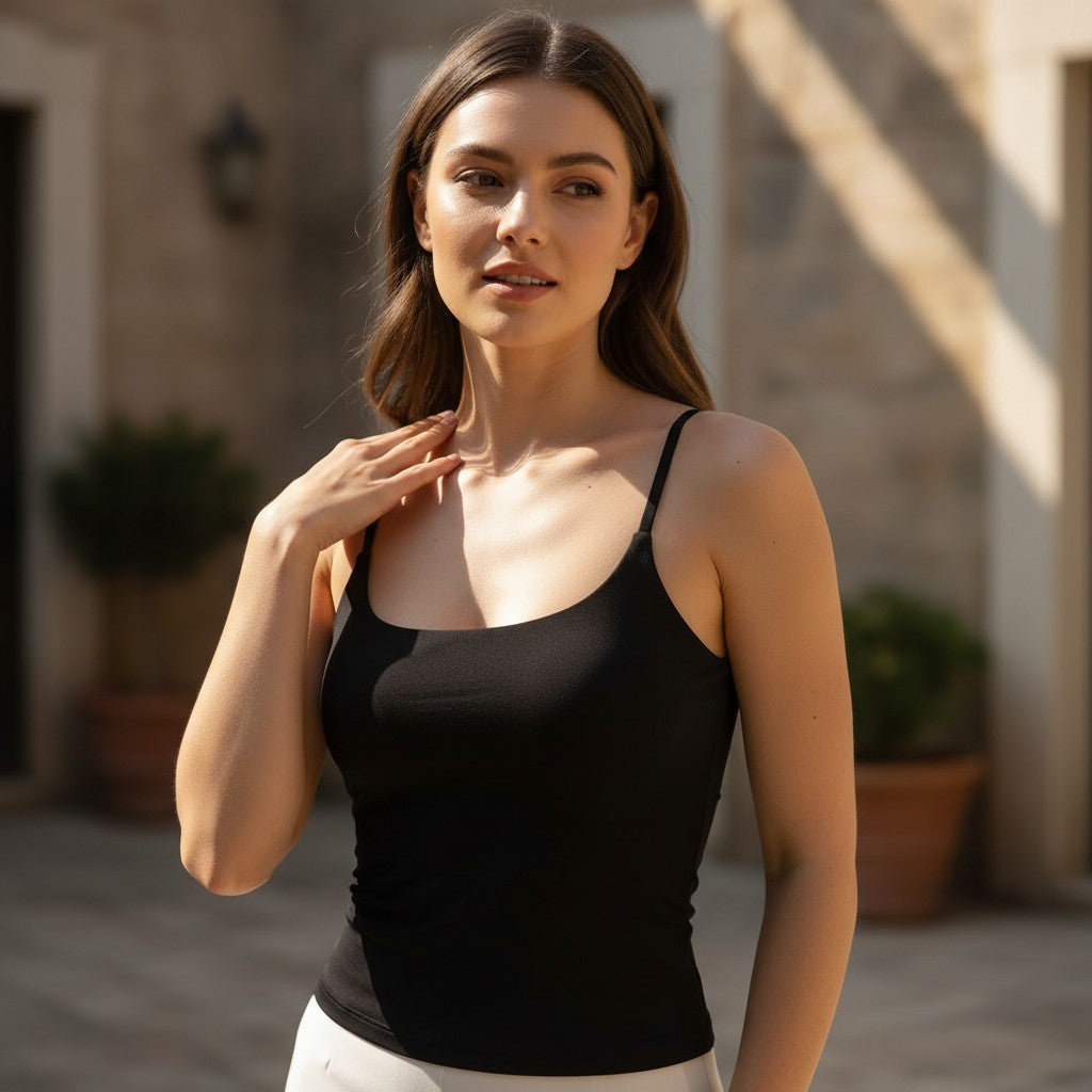 Woman wearing a black cami top with thin straps and white trousers outdoors