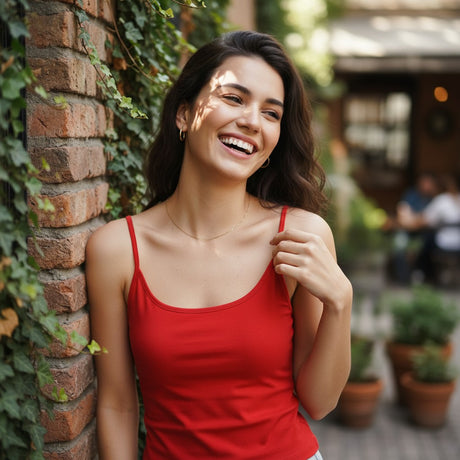 Red cami top with adjustable spaghetti straps worn against a brick wall