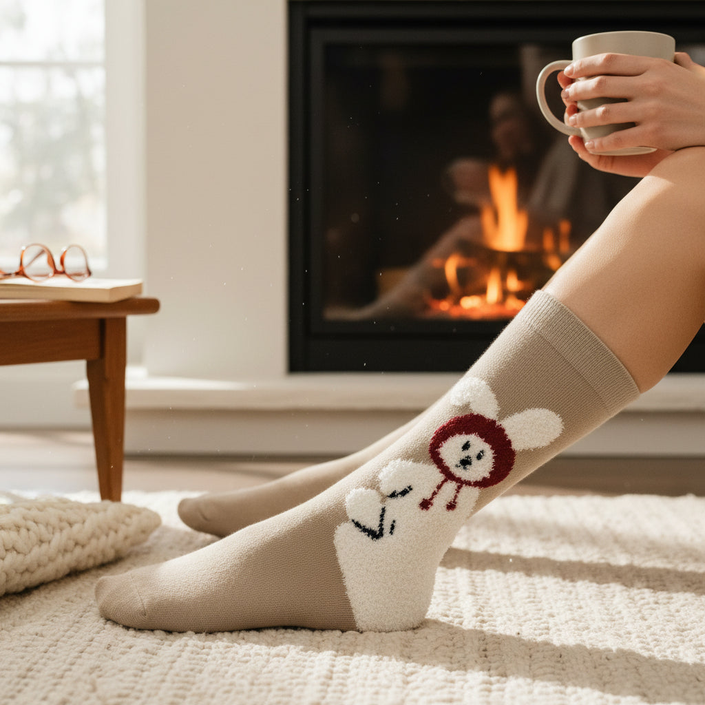 Person wearing cozy socks with cartoon bunny designs in front of a fireplace.
