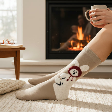 Person wearing cozy socks with cartoon bunny designs in front of a fireplace.