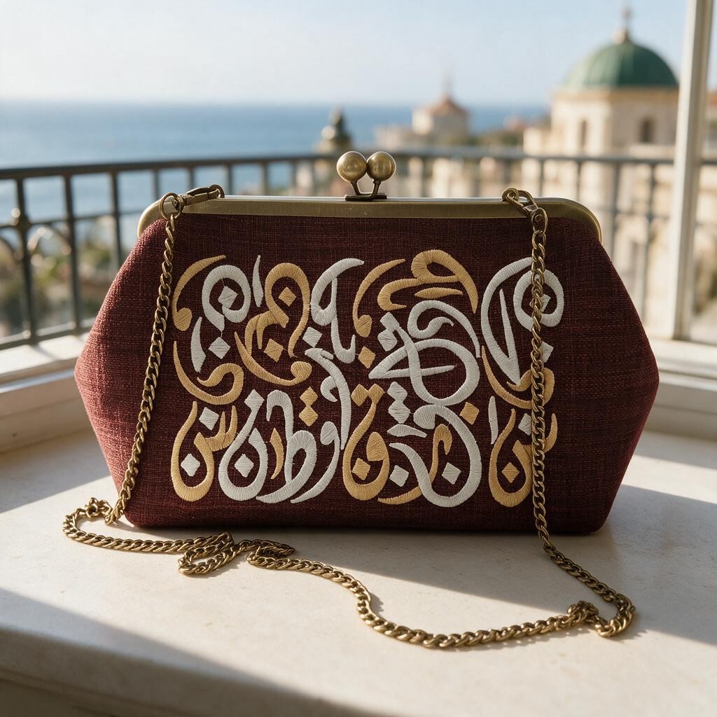 Burgundy clutch with gold and white Arabic calligraphy, gold chain draped in front, balcony overlooking the sea behind