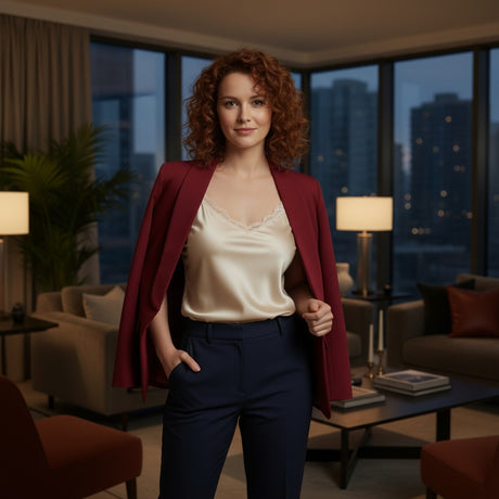Burgundy blazer draped over the shoulders with a cream satin cami and navy trousers
