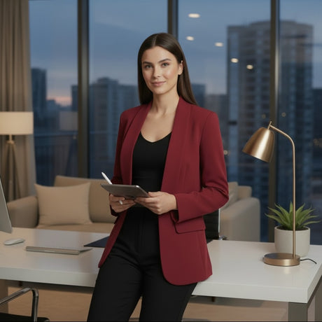 Burgundy blazer worn open at an office desk with a black top and a tablet in hand