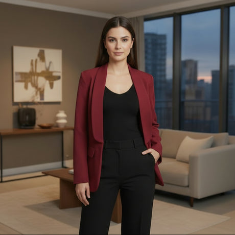 Women's burgundy open front blazer worn over a black top with black trousers