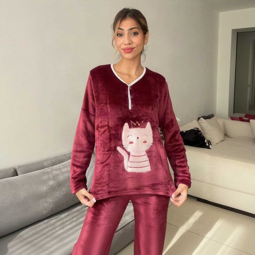 Burgundy pyjama top shown from the front with the cat applique at the waist