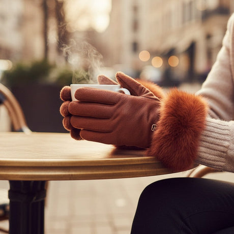 A person seated at an outdoor cafe table wearing burgundy leather gloves with a fluffy orange-brown faux fur trim, holding a steaming white cup