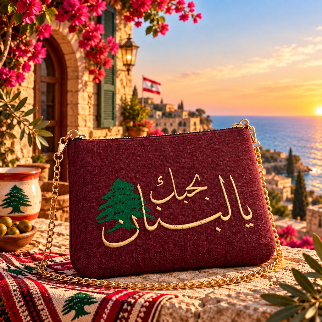 Handmade burgundy pouch with gold Arabic I love you Lebanon embroidery and a green cedar on a Lebanese terrace
