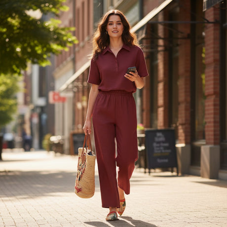 Woman in a burgendy outfit walking on a city street holding a phone and a bag