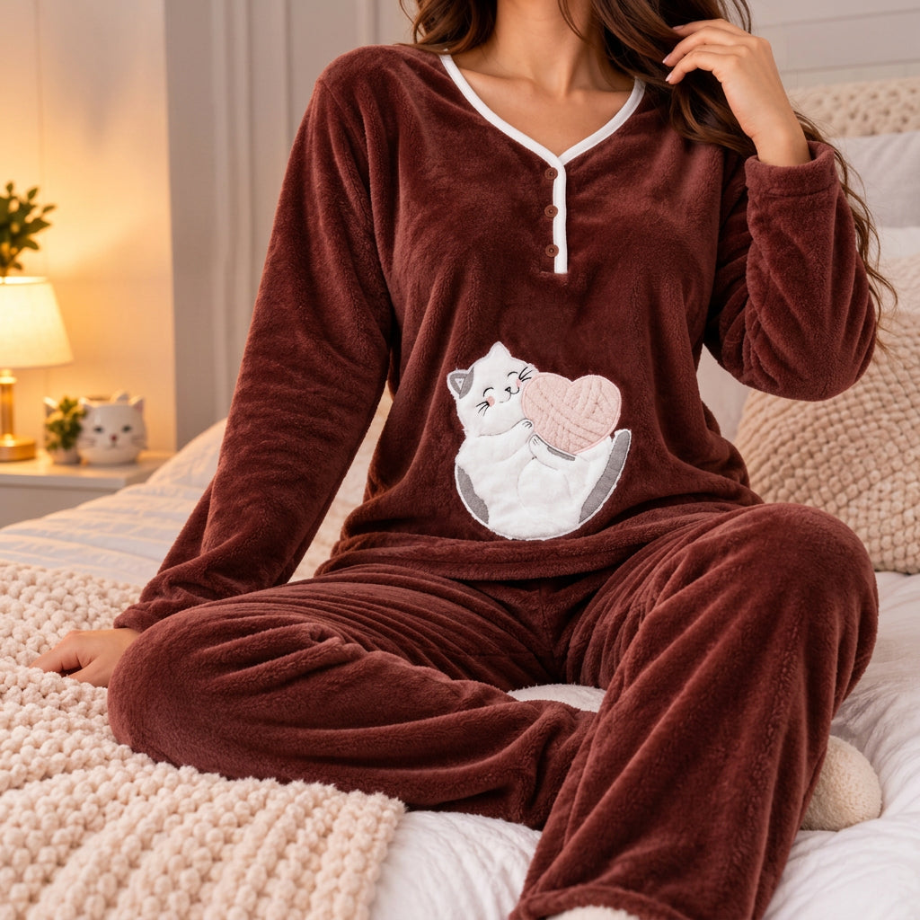 Burgundy plush PJ set with white V neck trim and a cuddly cat appliqué on the front