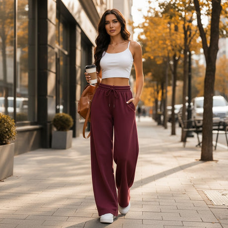 Burgundy wide leg sweatpants worn with a white top on a city street
