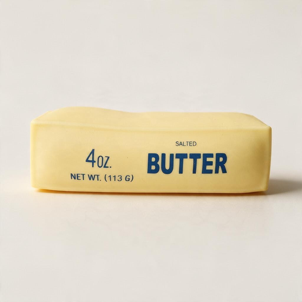 Pastel yellow butter stick squishy printed with Salted Butter in blue on a white background