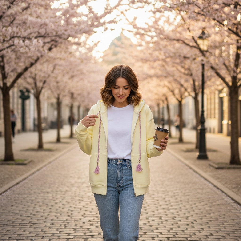 Butter yellow zip hoodie worn open over a white tee under blossom trees