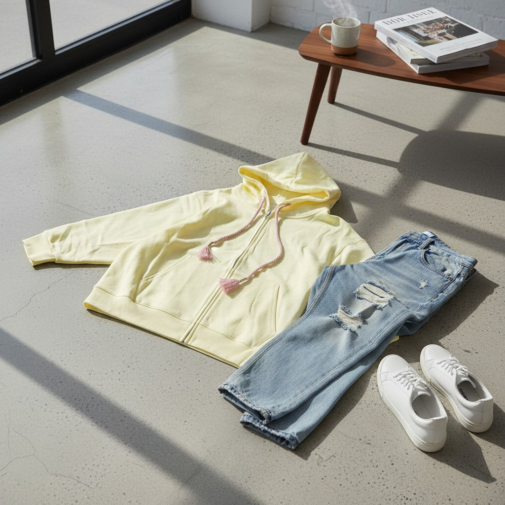 Butter yellow zip hoodie laid flat beside jeans and white trainers on a concrete floor