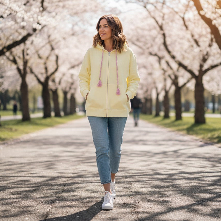 Butter yellow zip hoodie worn zipped with hands in the side pockets on a park path
