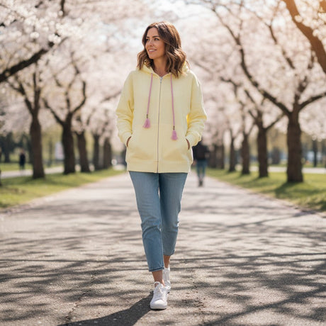 Butter yellow zip hoodie worn zipped with hands in the side pockets on a park path