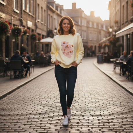 Butter yellow tulip print sweatshirt worn standing on a cobbled cafe street