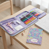 Open butterfly stationery case showing colouring pencils, markers, scissors and a colouring book