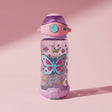 Kids lilac tinted butterfly print water bottle with peach pink flip straw lid