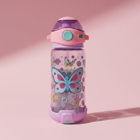 Kids lilac tinted butterfly print water bottle with peach pink flip straw lid