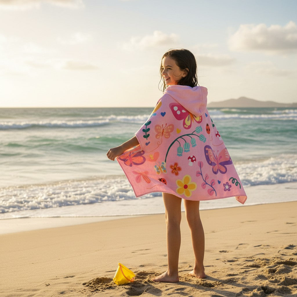 Butterfly hooded towel worn at the beach