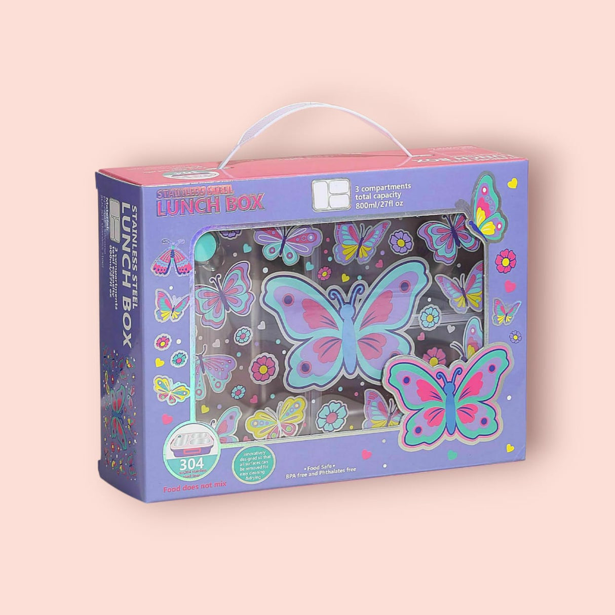 Lunch box with butterfly design on a pink background