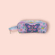 Pencil case with butterfly design on a pink background