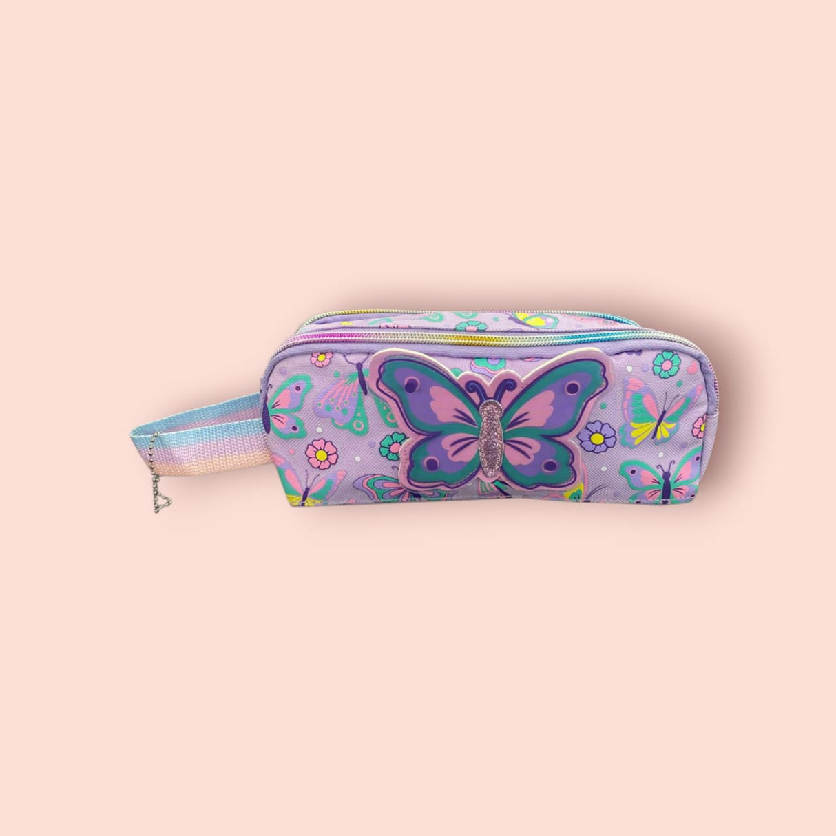 Pencil case with butterfly design on a pink background