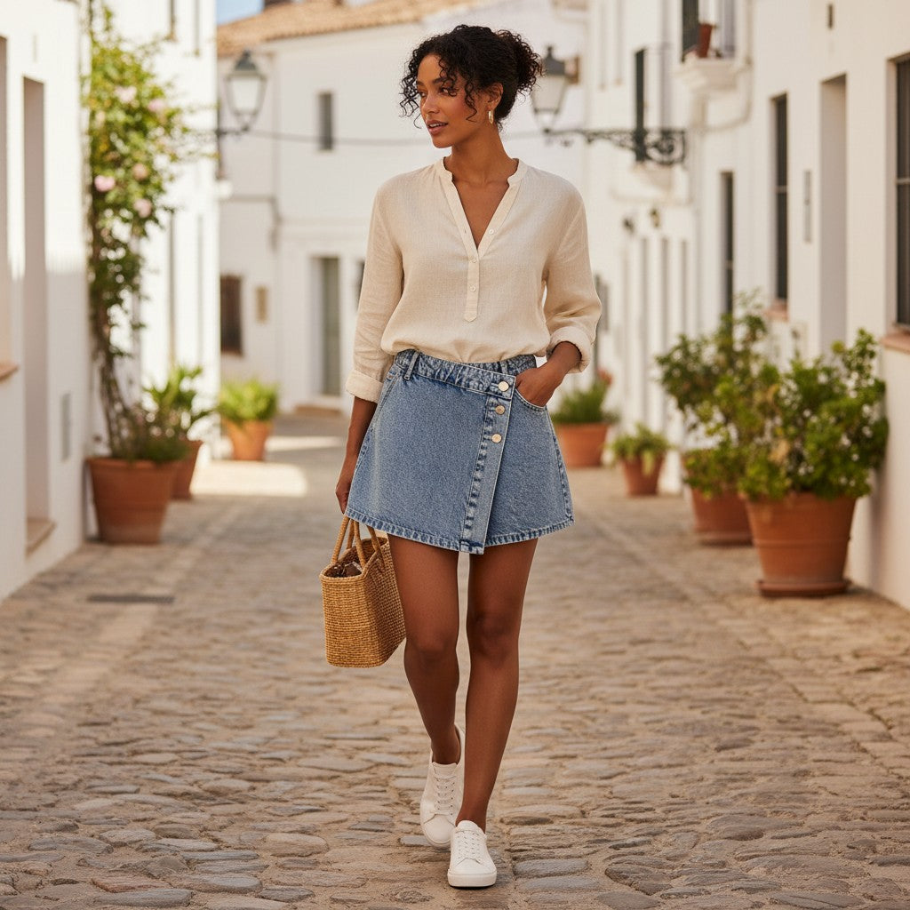 Woman walking down a quaint street in a white blouse and button denim skirt