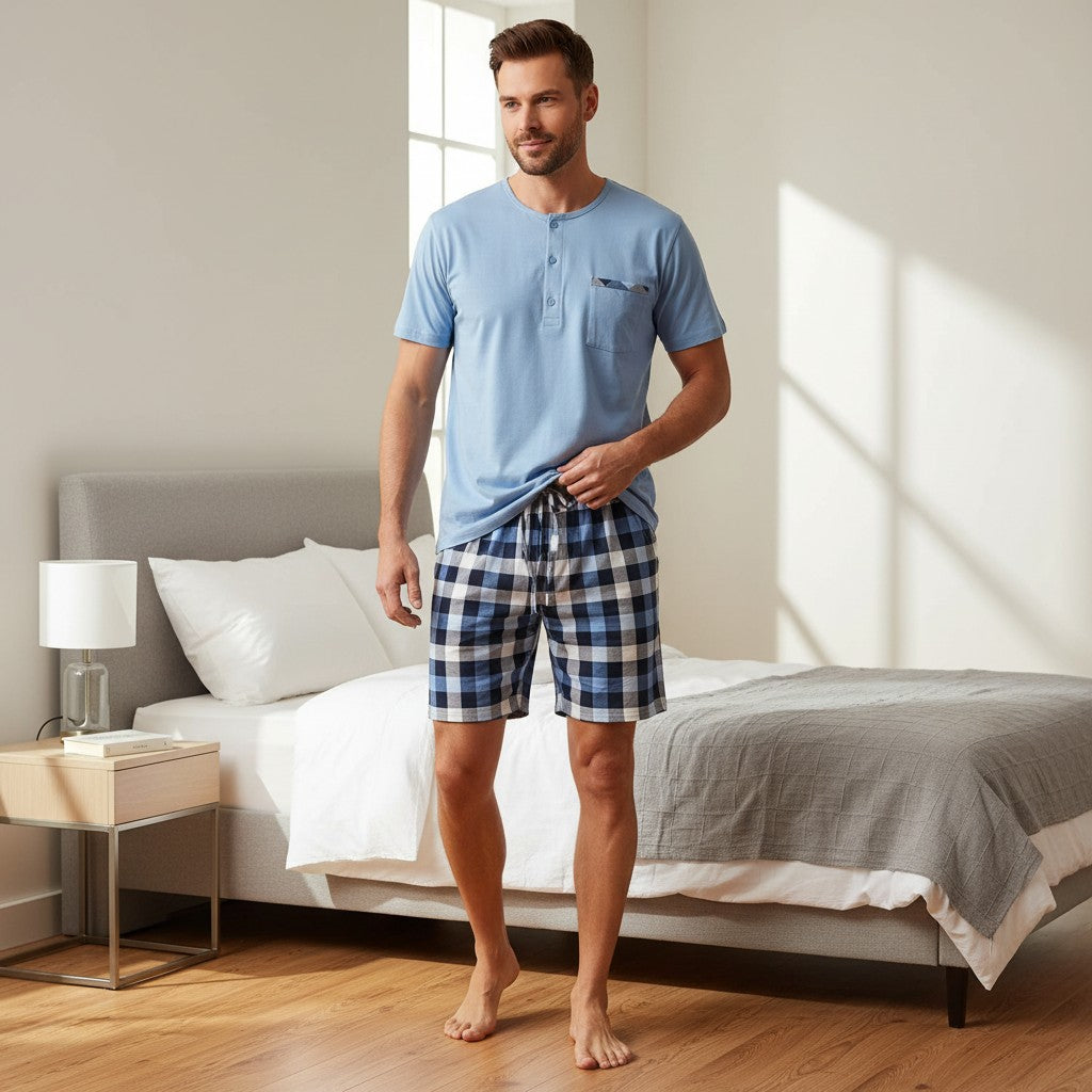 Button henley pyjama set worn standing in a sunlit bedroom