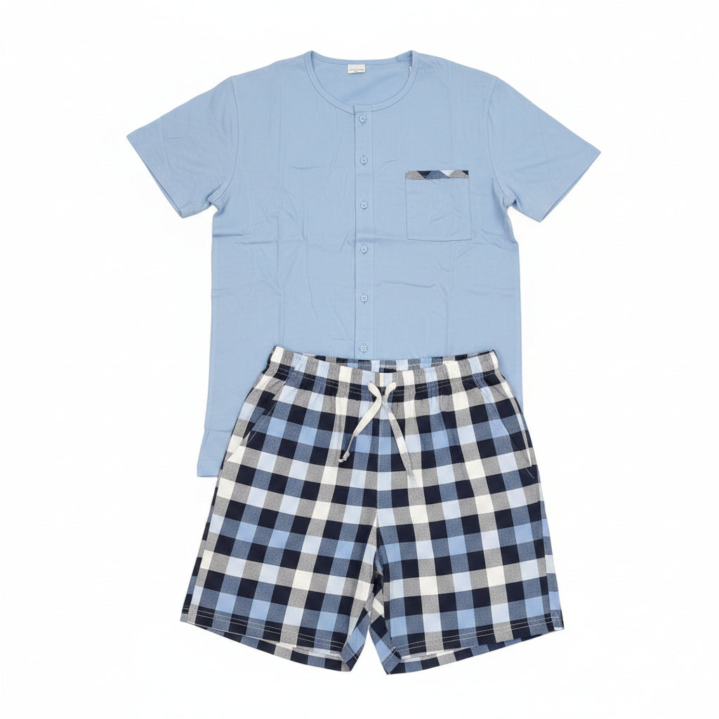 Light blue henley top with a pocket and blue checked shorts