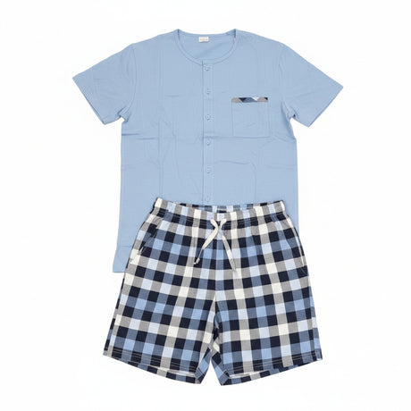 Light blue henley top with a pocket and blue checked shorts