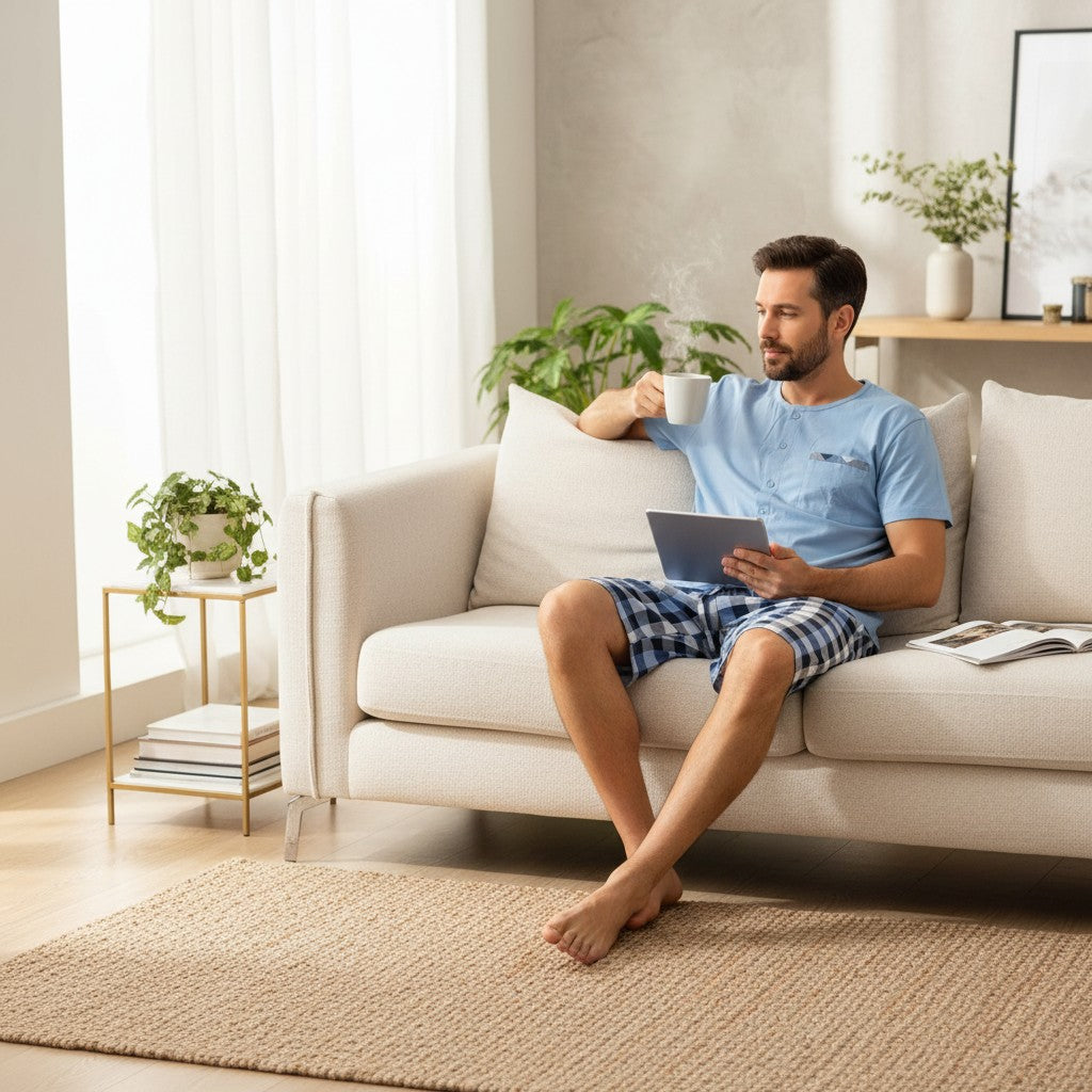 Button henley pyjama set worn on a sofa with a tablet and coffee